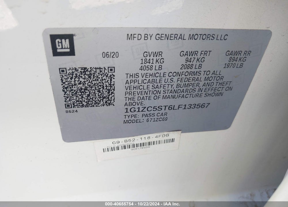 2020 CHEVROLET MALIBU FWD 1FL VIN: 1G1ZC5ST6LF133567