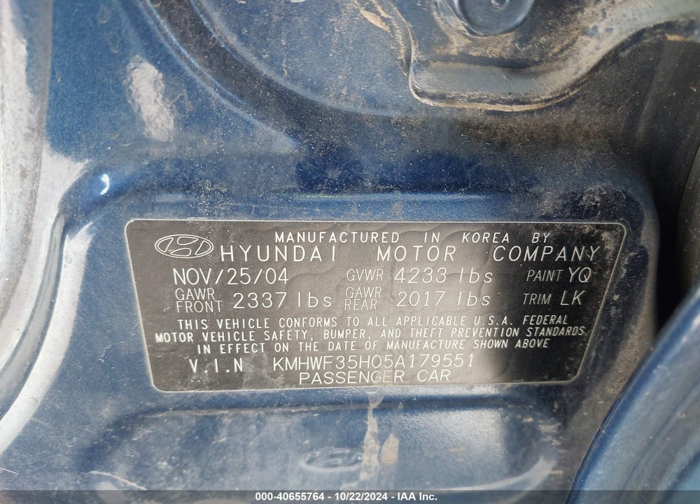 2005 HYUNDAI SONATA GLS/LX VIN: KMHWF35H05A179551