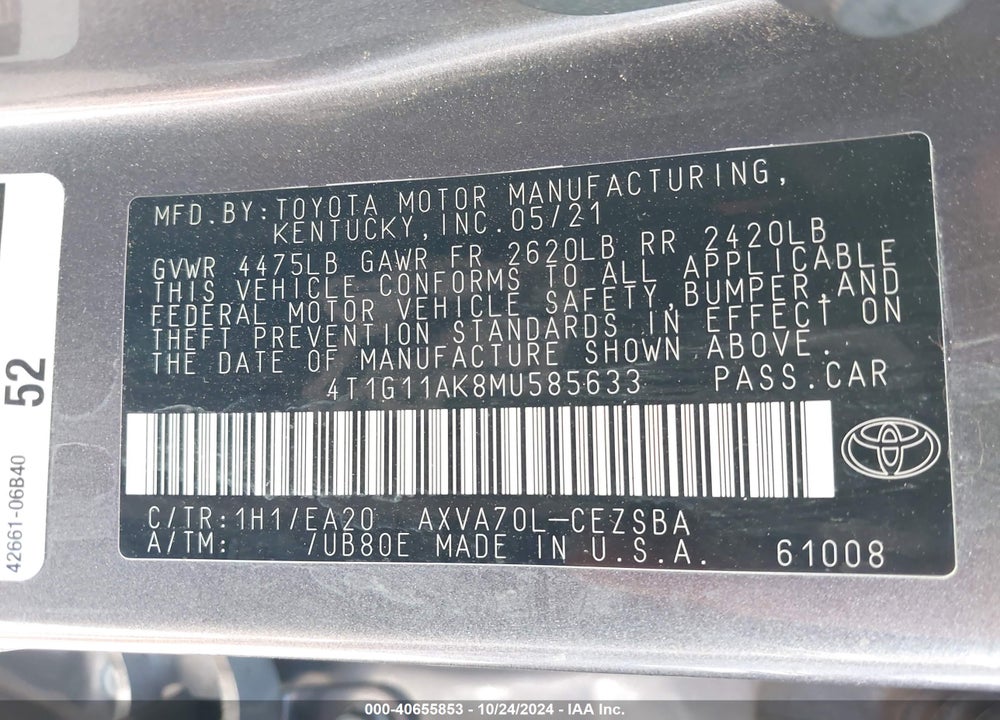 2021 TOYOTA CAMRY SE VIN: 4T1G11AK8MU585633