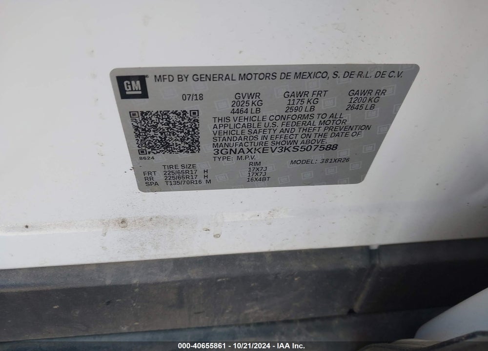 2019 CHEVROLET EQUINOX LT VIN: 3GNAXKEV3KS507588