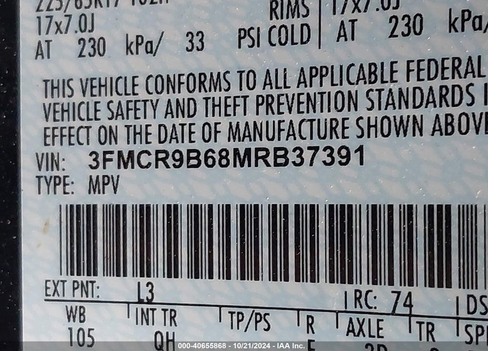 2021 FORD BRONCO SPORT BIG BEND VIN: 3FMCR9B68MRB37391