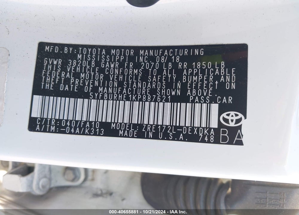 2019 TOYOTA COROLLA L VIN: 5YFBURHE1KP887621