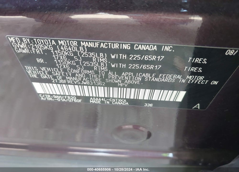 2018 TOYOTA RAV4 LE VIN: 2T3BFREV5JW831362