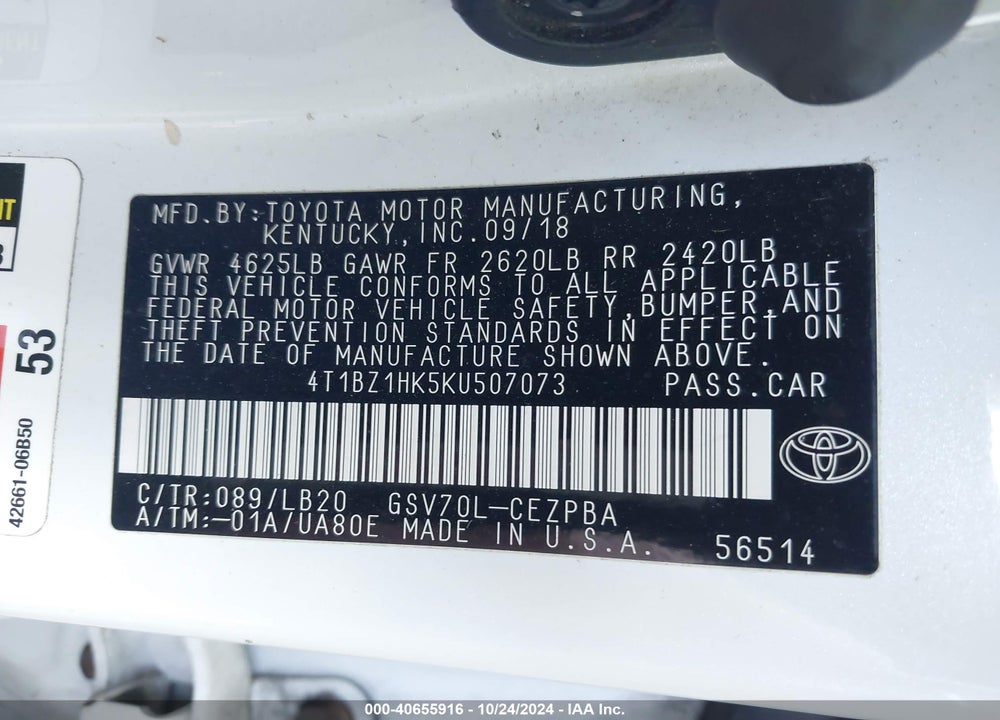 2019 TOYOTA CAMRY XSE V6 VIN: 4T1BZ1HK5KU507073
