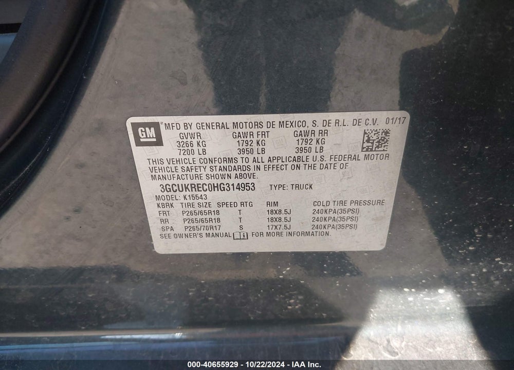 2017 CHEVROLET SILVERADO 1500 2LT VIN: 3GCUKREC0HG314953