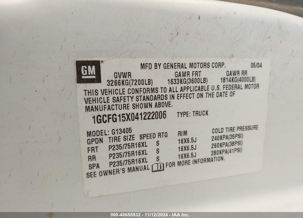 2004 CHEVROLET EXPRESS VIN: 1GCFG15X041222006