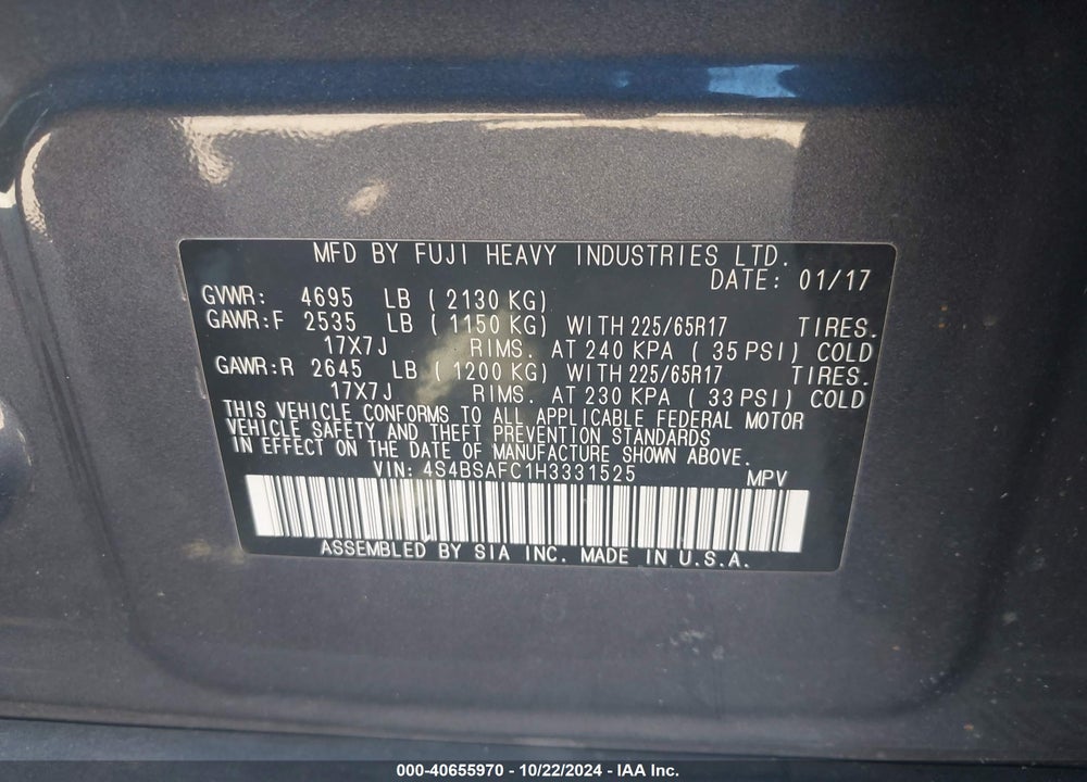 2017 SUBARU OUTBACK 2.5I PREMIUM VIN: 4S4BSAFC1H3331525