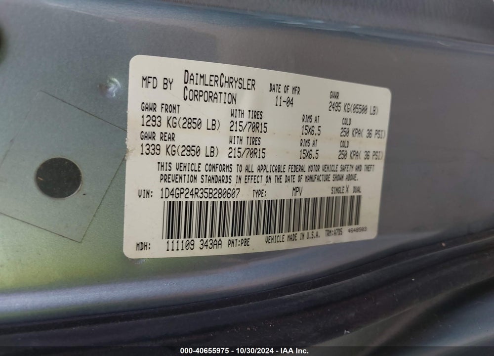 2005 DODGE GRAND CARAVAN SE VIN: 1D4GP24R35B280607