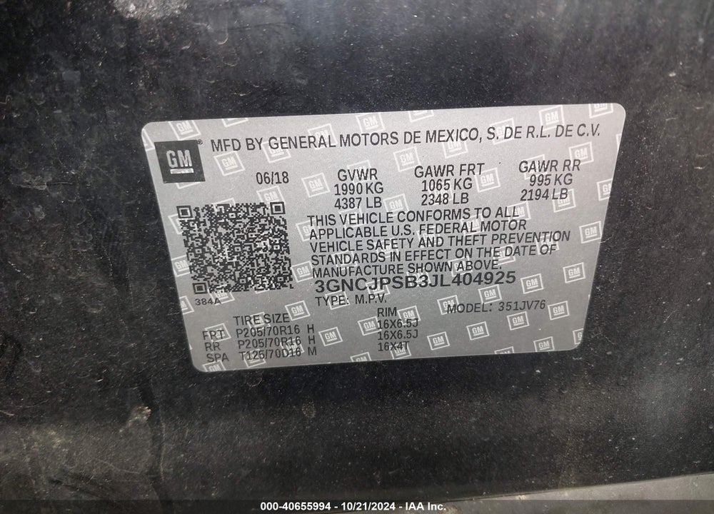 2018 CHEVROLET TRAX LT VIN: 3GNCJPSB3JL404925