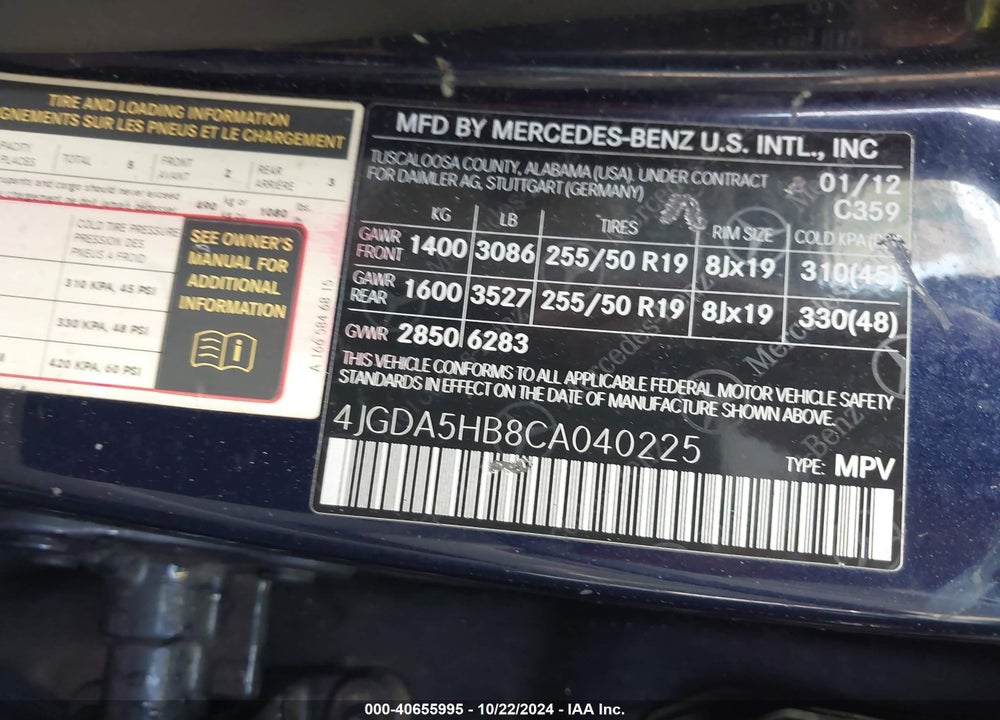 2012 MERCEDES-BENZ ML 350 4MATIC VIN: 4JGDA5HB8CA040225