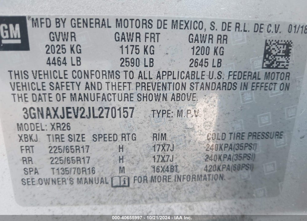 2018 CHEVROLET EQUINOX LT VIN: 3GNAXJEV2JL270157