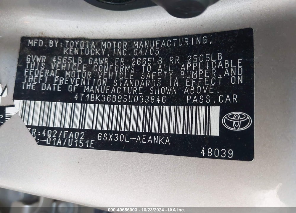 2005 TOYOTA AVALON XL VIN: 4T1BK36B95U033846