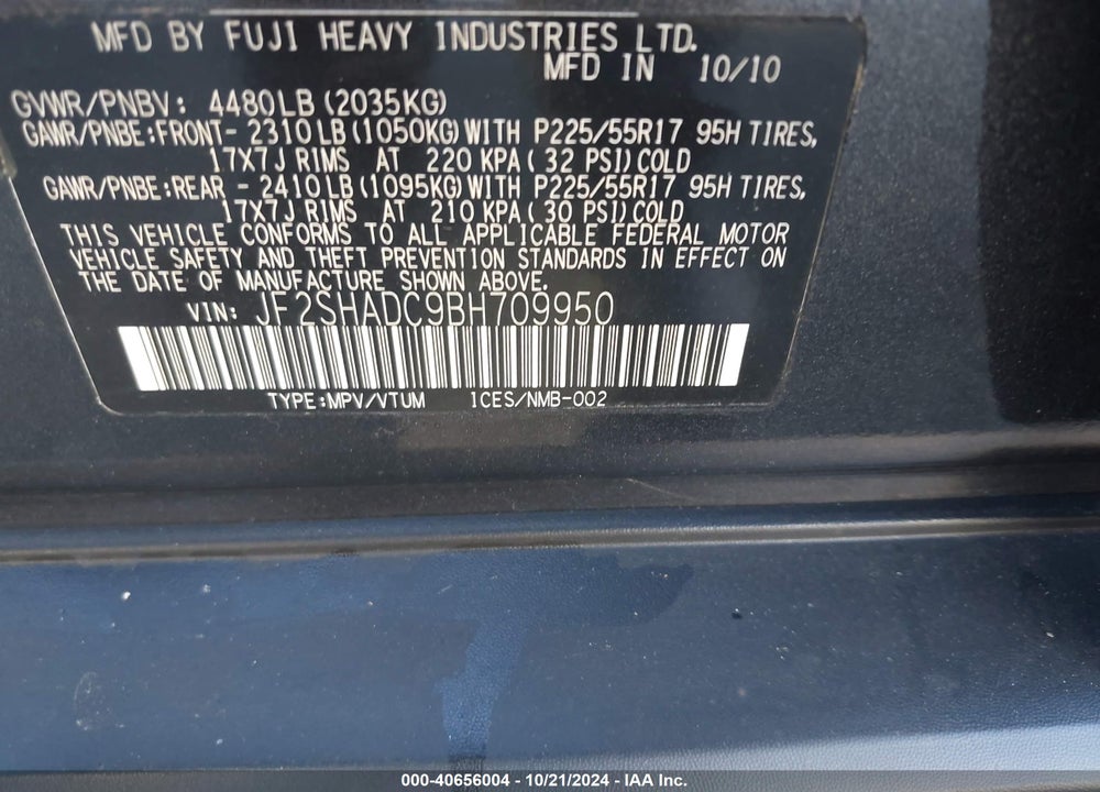 2011 SUBARU FORESTER VIN: JF2SHADC9BH709950