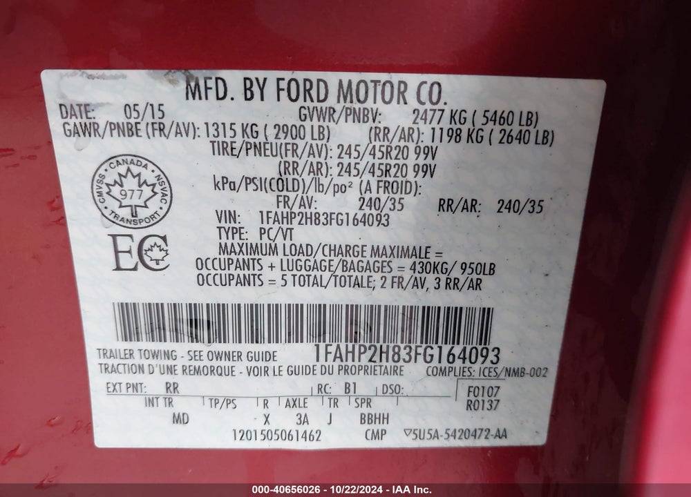 2015 FORD TAURUS SEL VIN: 1FAHP2H83FG164093