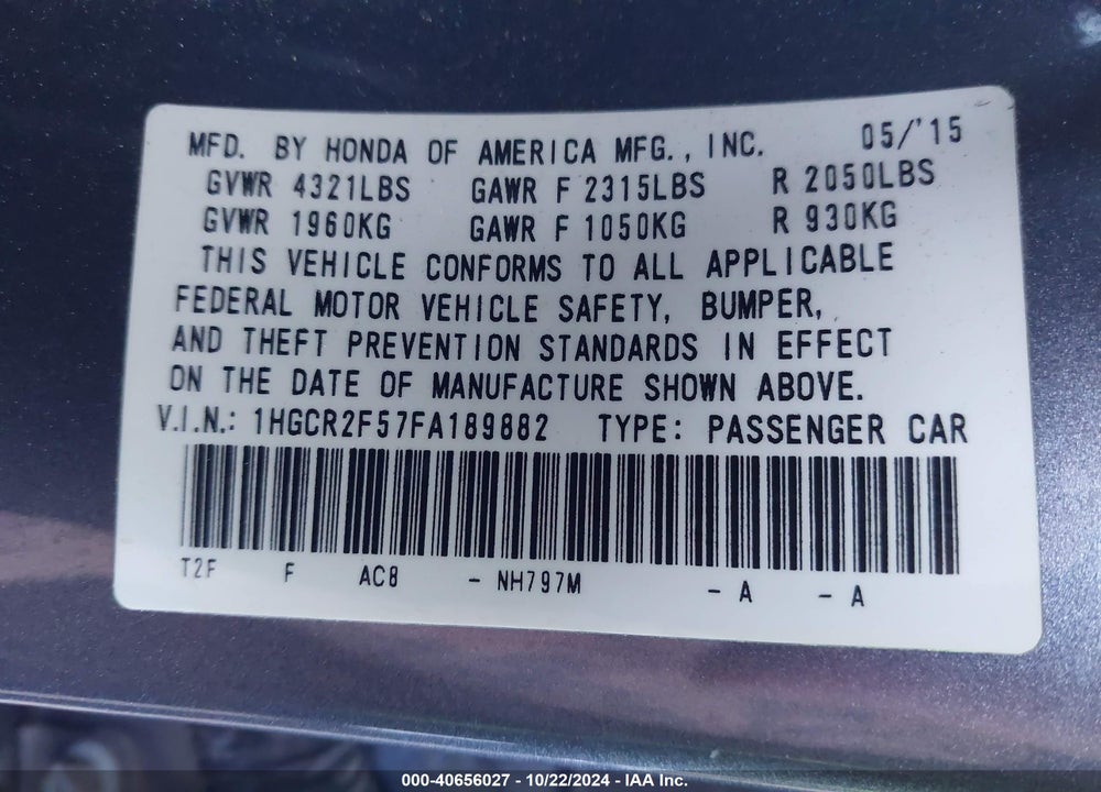 2015 HONDA ACCORD SPORT VIN: 1HGCR2F57FA189882
