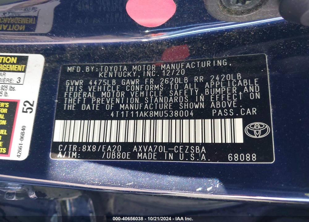 2021 TOYOTA CAMRY SE VIN: 4T1T11AK8MU538004