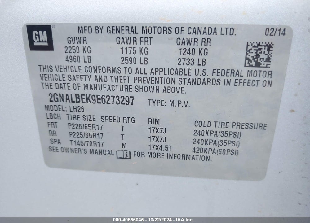 2014 CHEVROLET EQUINOX 1LT VIN: 2GNALBEK9E6273297