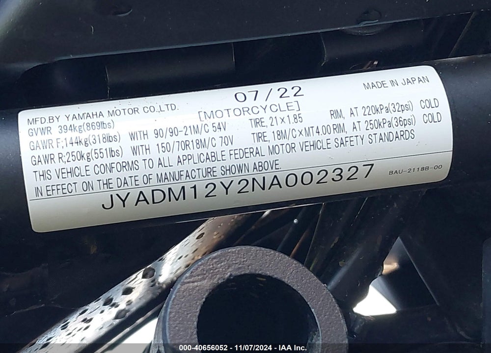 2022 YAMAHA XTZ690 VIN: JYADM12Y2NA002327