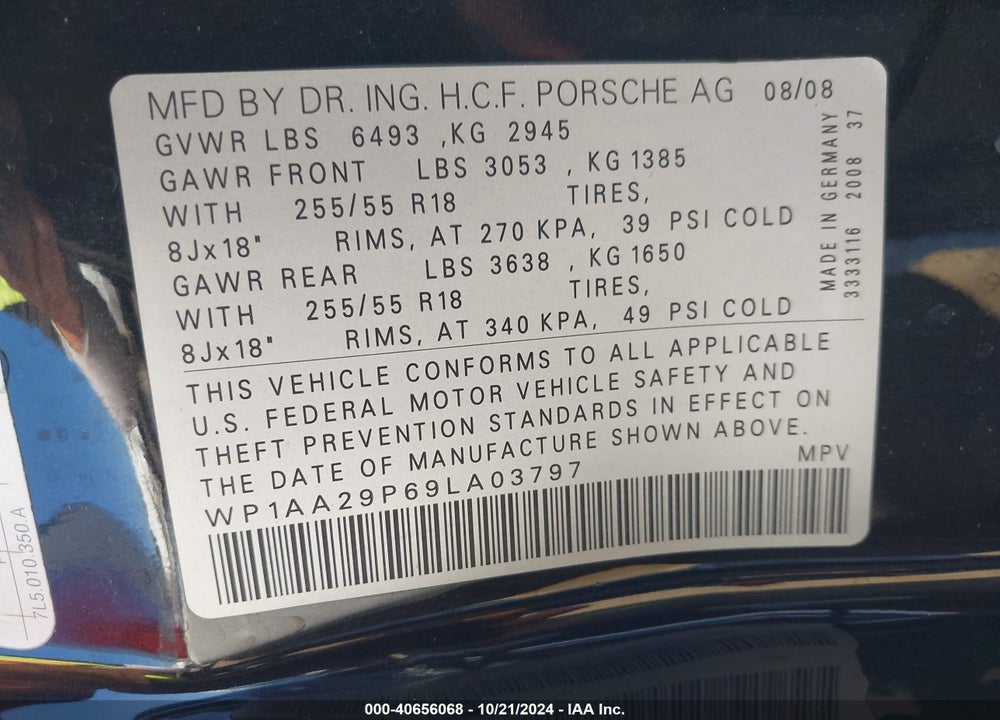 2009 PORSCHE CAYENNE VIN: WP1AA29P69LA03797