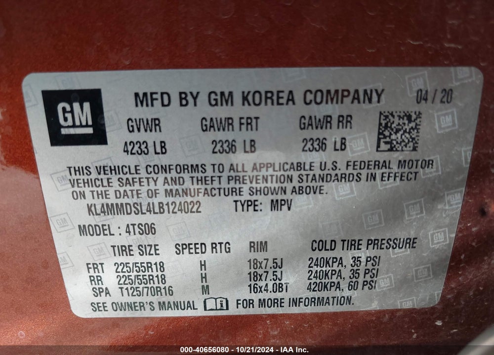 2020 BUICK ENCORE GX FWD SELECT VIN: KL4MMDSL4LB124022