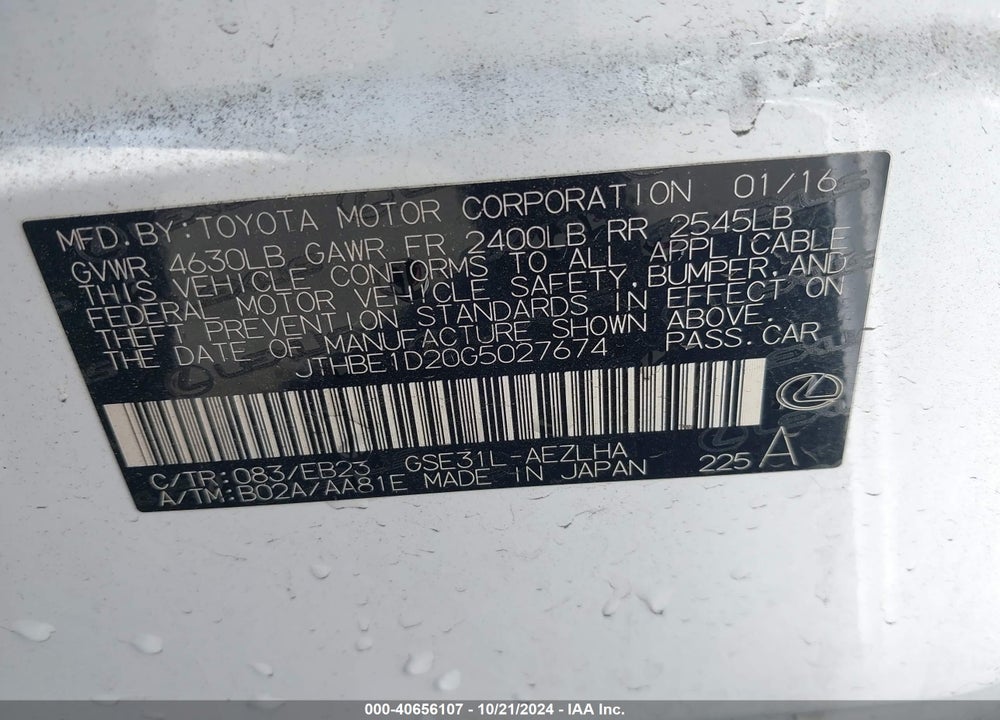 2016 LEXUS IS 350 VIN: JTHBE1D20G5027674