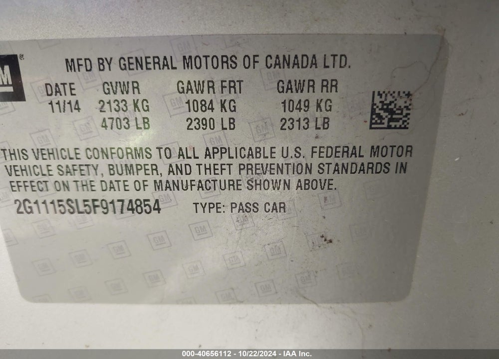 2015 CHEVROLET IMPALA 1LT VIN: 2G1115SL5F9174854