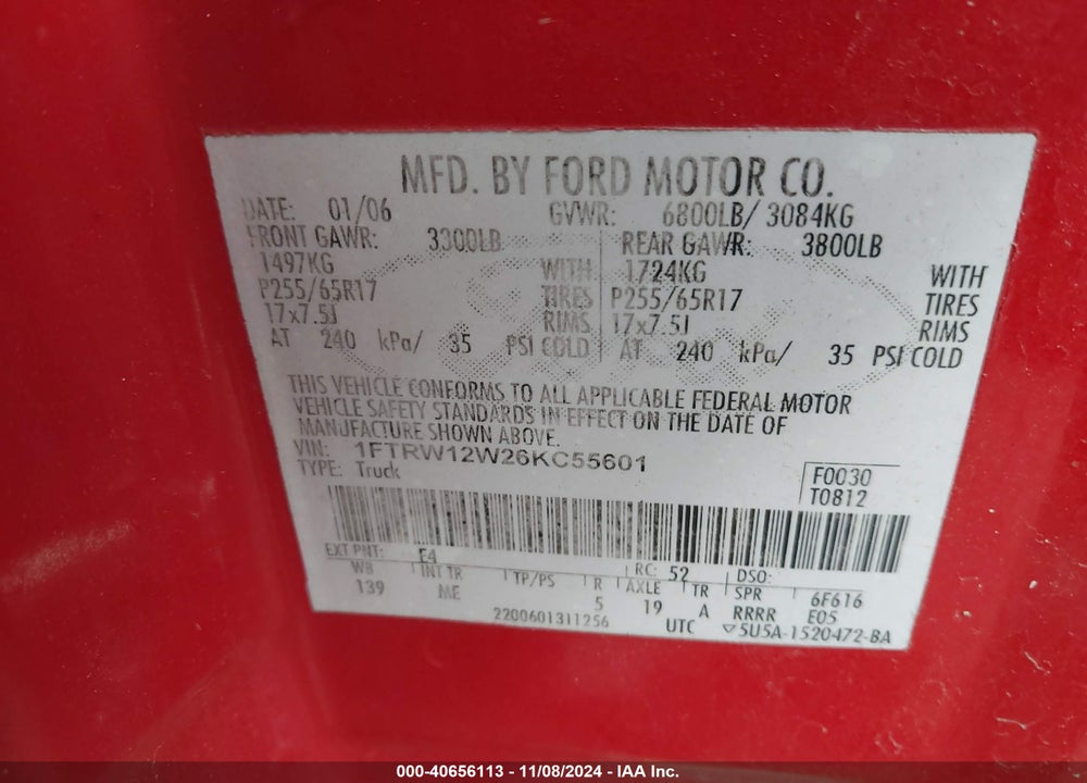 2006 FORD F-150 XLT VIN: 1FTRW12W26KC55601