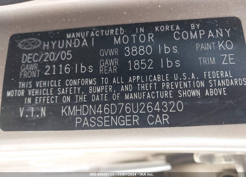 2006 HYUNDAI ELANTRA GLS/LIMITED VIN: KMHDN46D76U264320