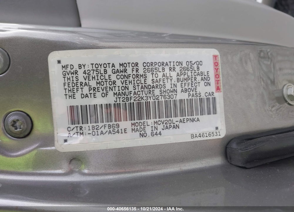 2000 TOYOTA CAMRY LE V6 VIN: JT2BF22K3Y0276307