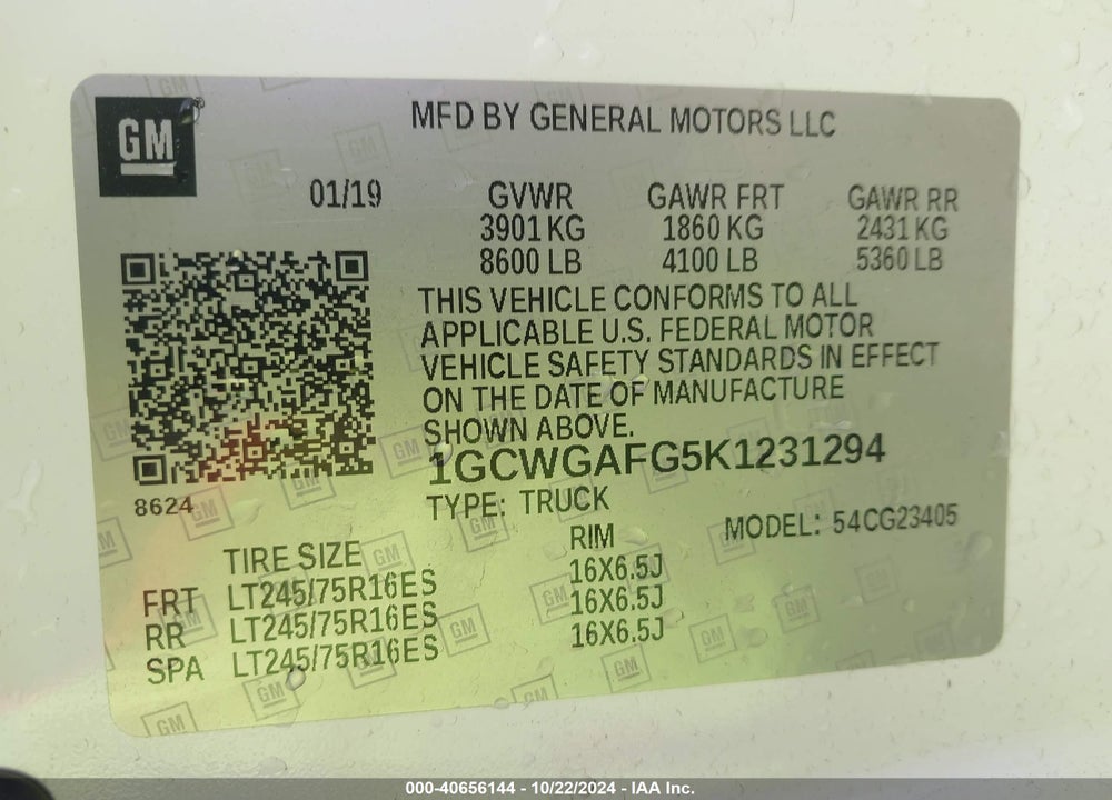 2019 CHEVROLET EXPRESS 2500 WORK VAN VIN: 1GCWGAFG5K1231294