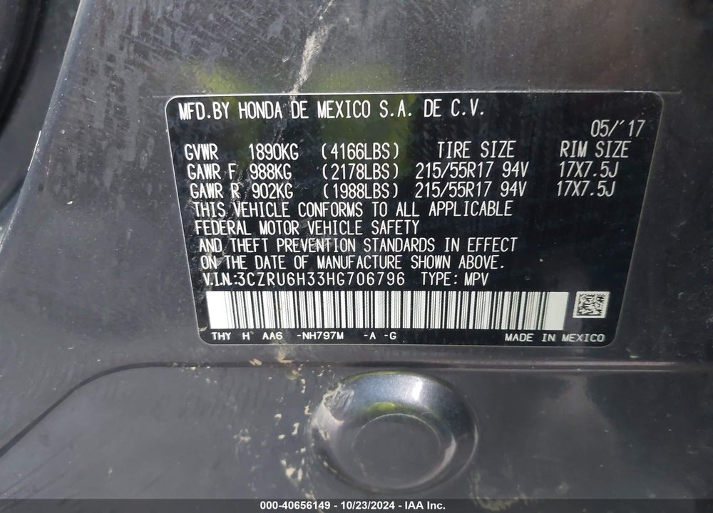 2017 HONDA HR-V LX VIN: 3CZRU6H33HG706796