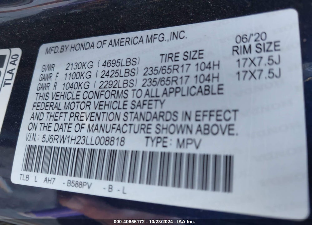 2020 HONDA CR-V 2WD LX VIN: 5J6RW1H23LL008818