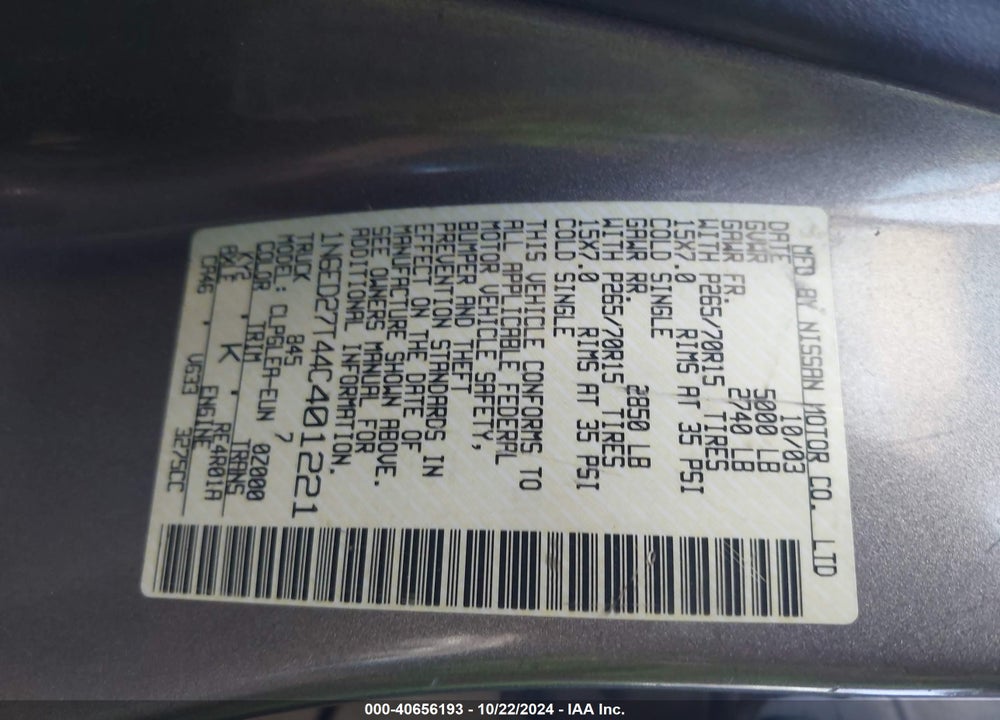 2004 NISSAN FRONTIER XE-V6 VIN: 1N6ED27T44C401221