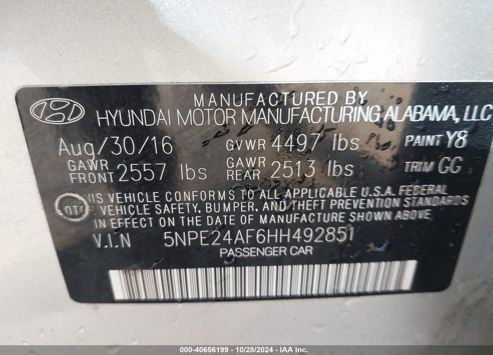 2017 HYUNDAI SONATA VIN: 5NPE24AF6HH492851