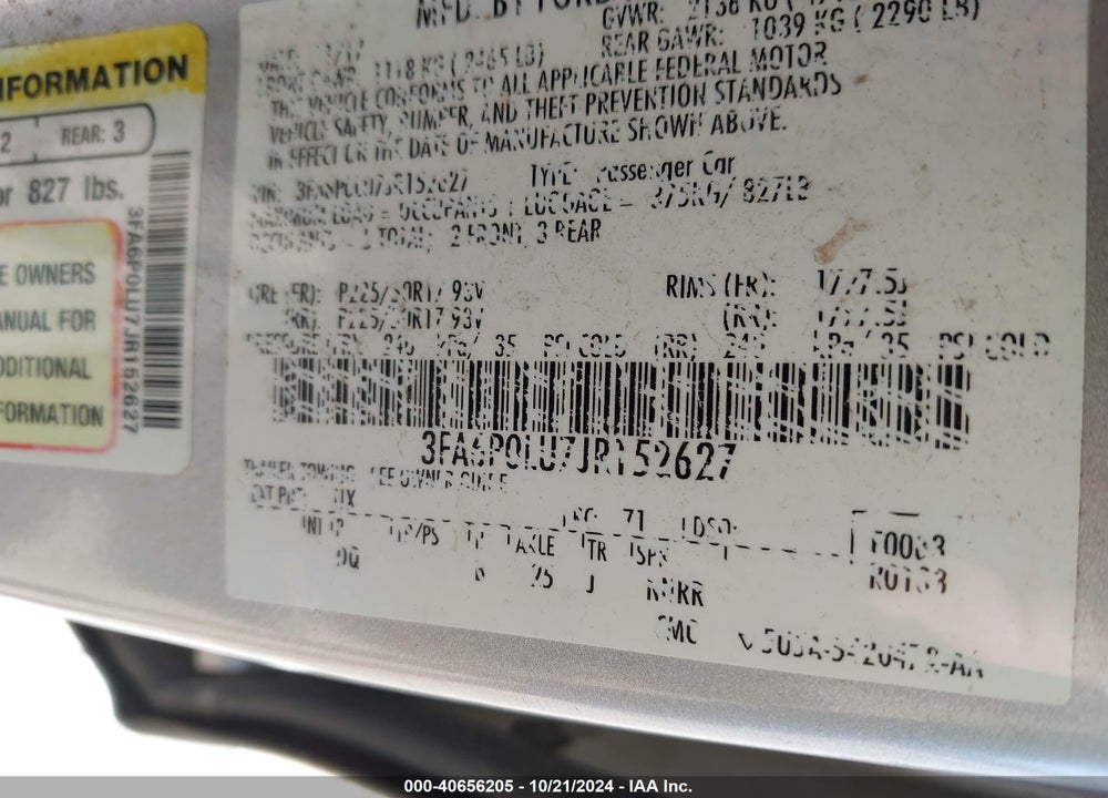 2018 FORD FUSION HYBRID SE VIN: 3FA6P0LU7JR152627