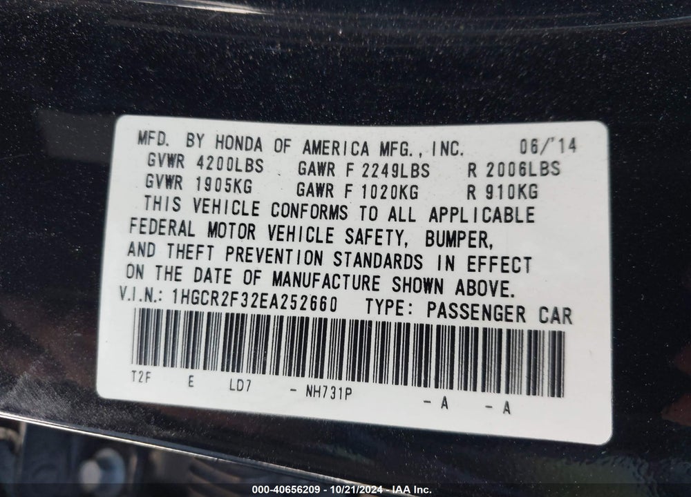 2014 HONDA ACCORD LX VIN: 1HGCR2F32EA252660