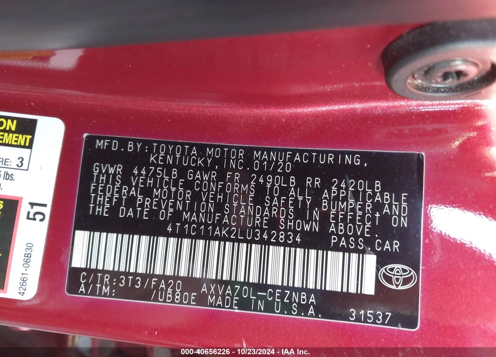 2020 TOYOTA CAMRY LE VIN: 4T1C11AK2LU342834
