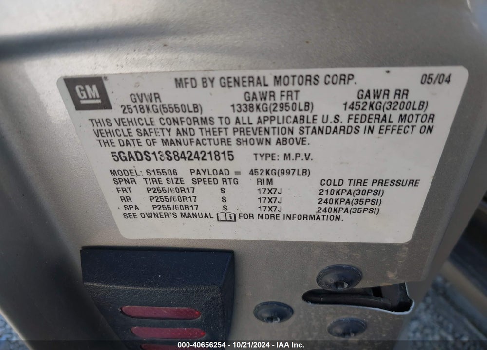 2004 BUICK RAINIER CXL VIN: 5GADS13S842421815