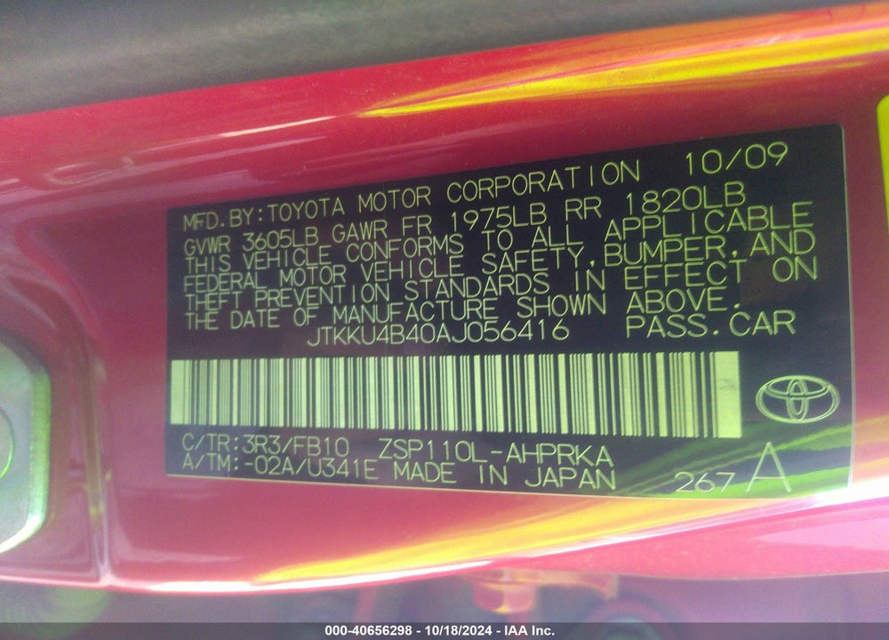 2010 SCION XD VIN: JTKKU4B40AJ056416