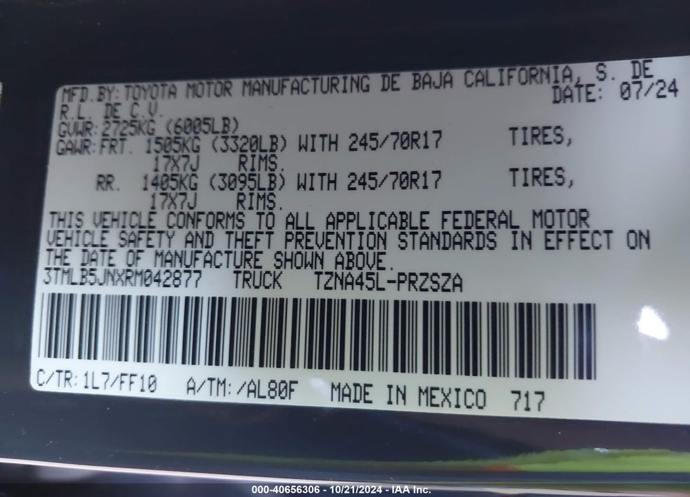 2024 TOYOTA TACOMA SR5 VIN: 3TMLB5JNXRM042877