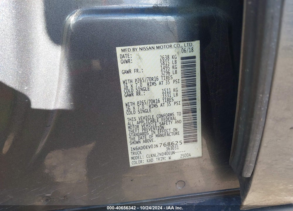 2018 NISSAN FRONTIER SV VIN: 1N6AD0EV0JN768625