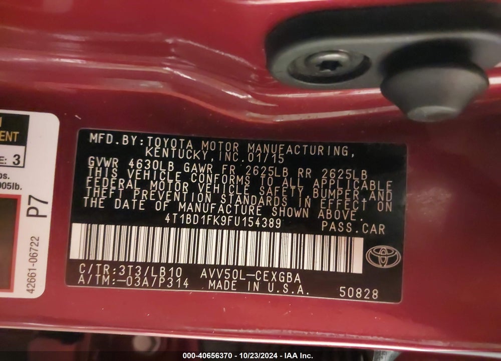 2015 TOYOTA CAMRY HYBRID XLE VIN: 4T1BD1FK9FU154389