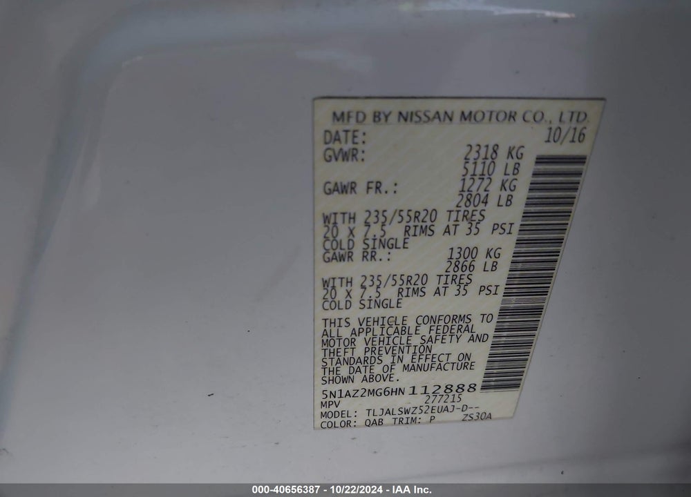 2017 NISSAN MURANO PLATINUM VIN: 5N1AZ2MG6HN112888