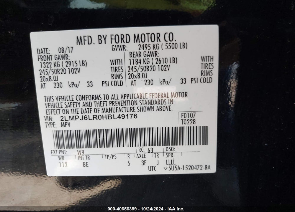 2017 LINCOLN MKX RESERVE VIN: 2LMPJ6LR0HBL49176
