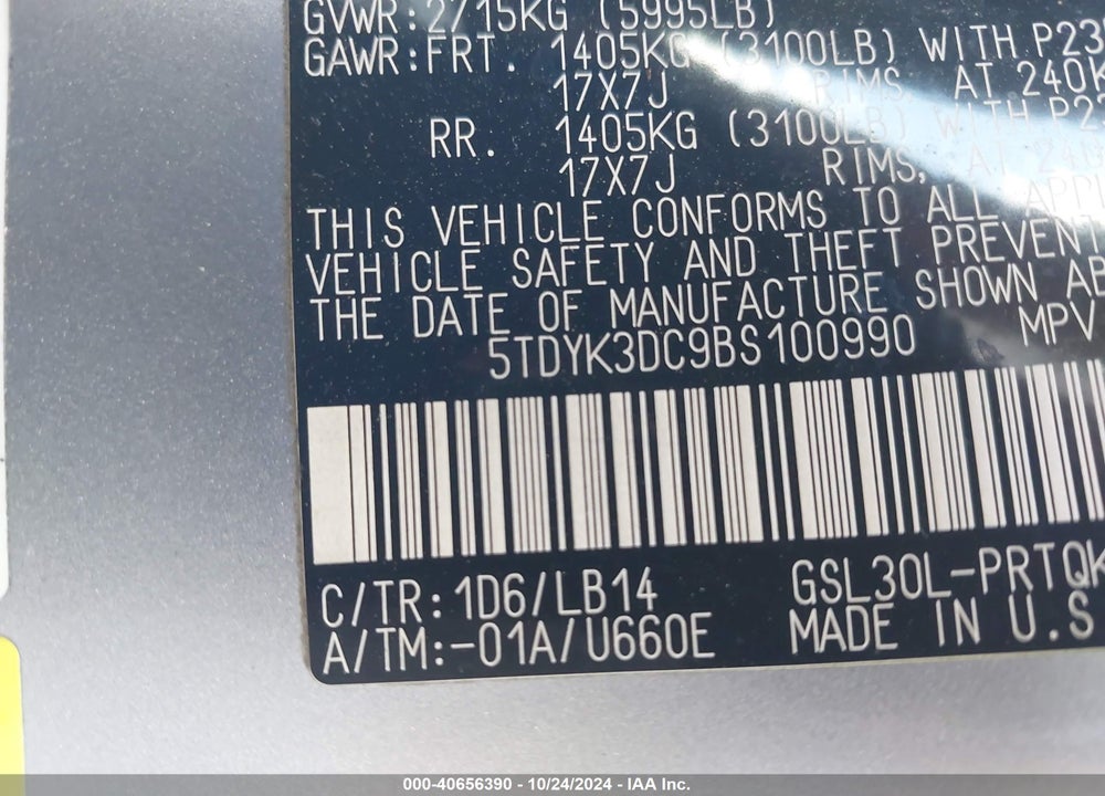 2011 TOYOTA SIENNA XLE V6 VIN: 5TDYK3DC9BS100990