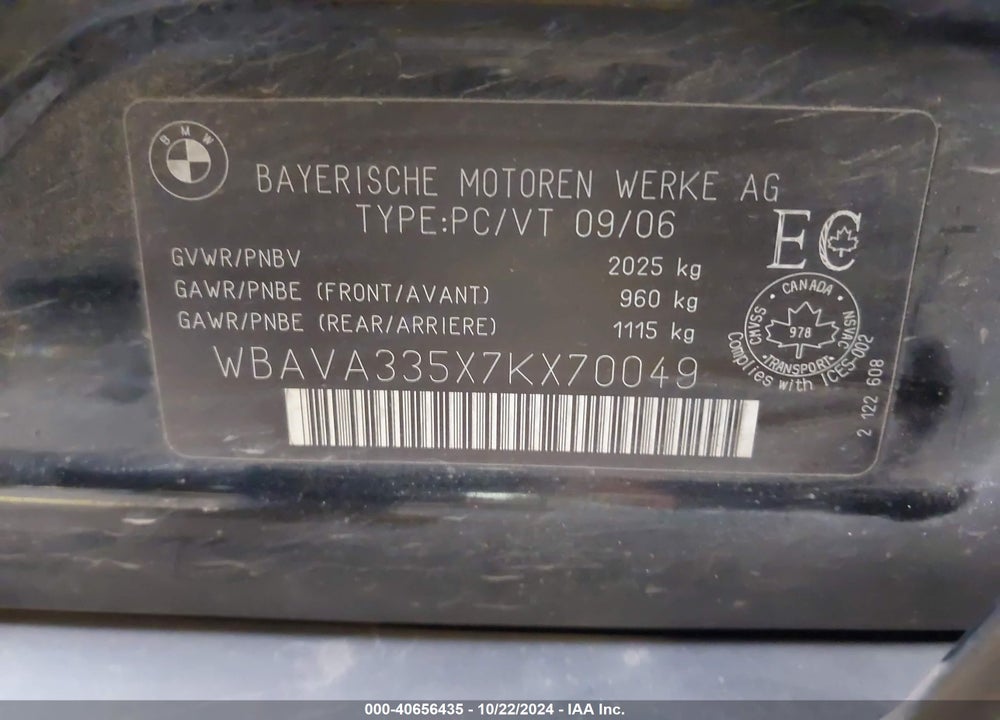 2007 BMW 328I VIN: WBAVA335X7KX70049