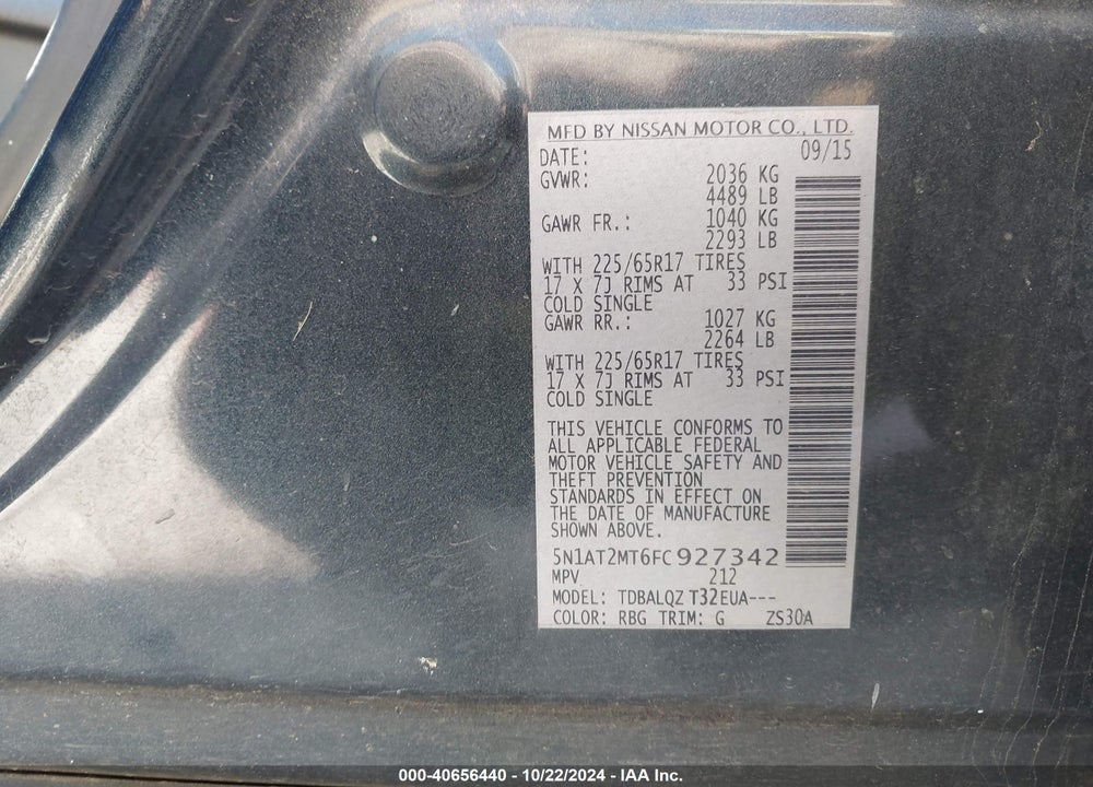 2015 NISSAN ROGUE SV VIN: 5N1AT2MT6FC927342