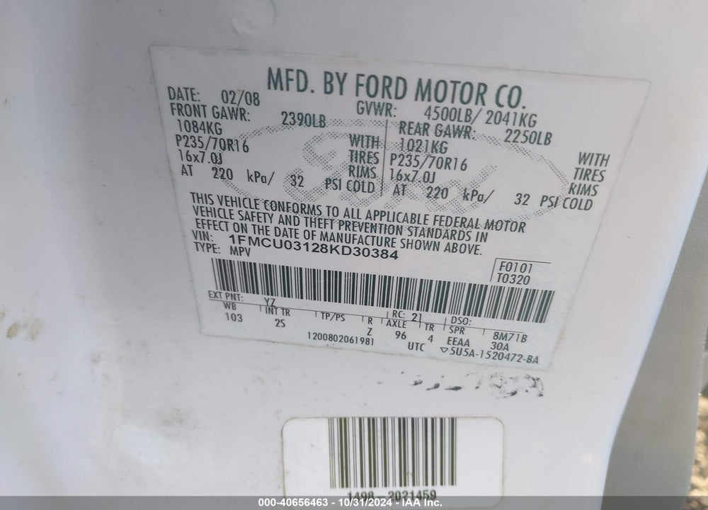 2008 FORD ESCAPE XLT VIN: 1FMCU03128KD30384