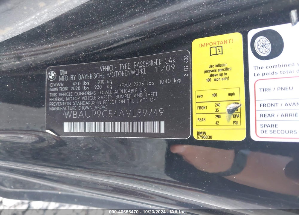 2010 BMW 128I VIN: WBAUP9C54AVL89249