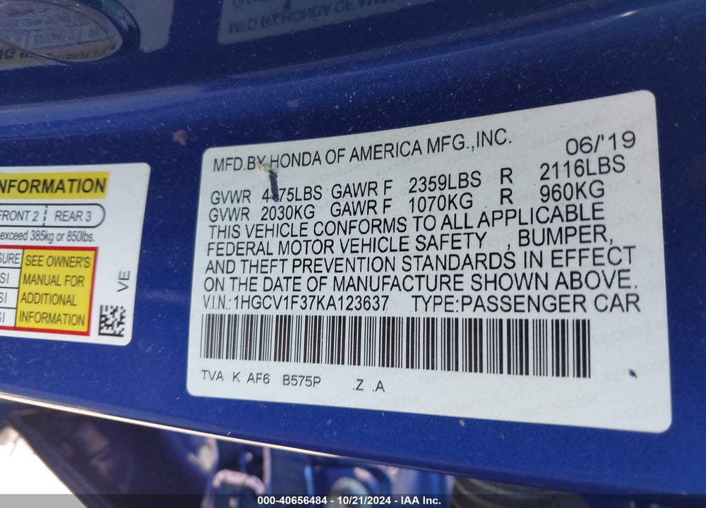 2019 HONDA ACCORD SPORT VIN: 1HGCV1F37KA123637